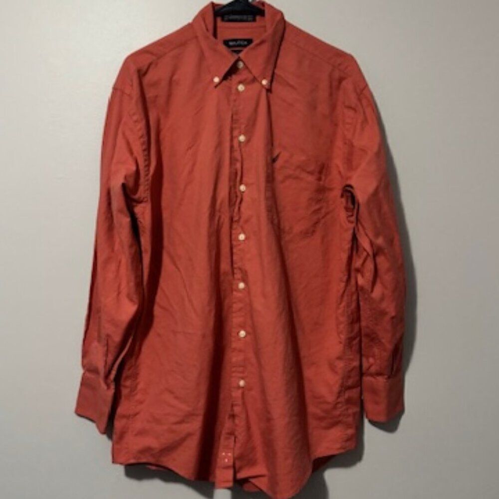 USED Men's Nautica Long Sleeve Button Down Shirt Color Peach Size 15 1/2